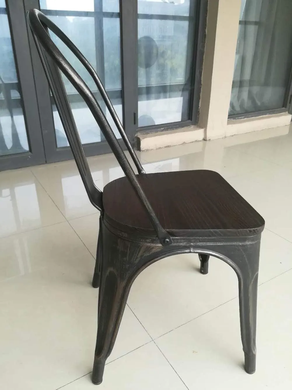 Metal Dining Chairs Set of 4 Farmhouse Stacking Kitchen Side Chairs BlackGold with Wood Seat High Back & Rubber Feet