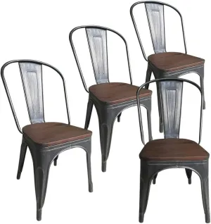 Metal Dining Chairs Set of 4 Farmhouse Stacking Kitchen Side Chairs BlackGold with Wood Seat High Back & Rubber Feet