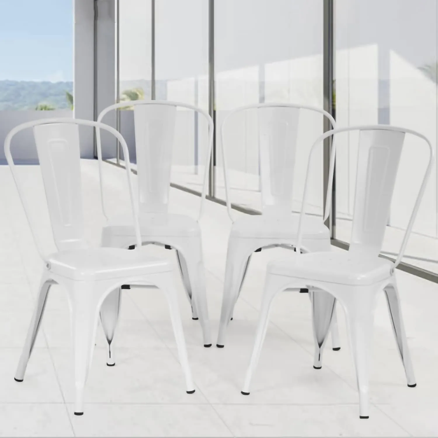 Metal Dining Chairs Set of 4 Patio Chairs Restaurant 18 Inch Seat Height Indoor Outdoor Stackable 330LBS Weight Capacity, Creamy White