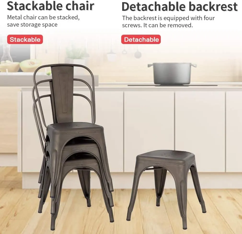 Metal Dining Chairs Set of 4 Patio Chairs Restaurant Chair 18 Inch Seat Height Indoor Outdoor Chairs Tolix Style Bar Chairs Side Metal Stackable 330LBS Weight Capacity, Bronze Brown
