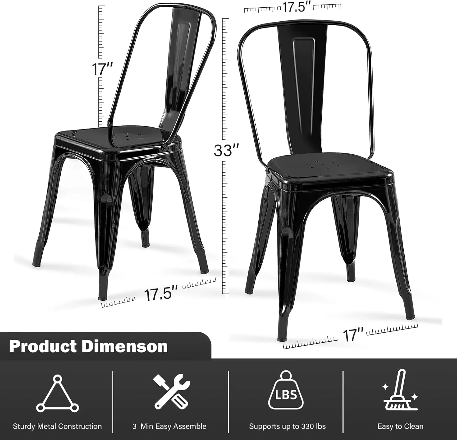 Metal Dining Chairs Set of 4 Stackable Tolix Style Indoor Outdoor Patio Restaurant Kitchen Obsidian Black Color