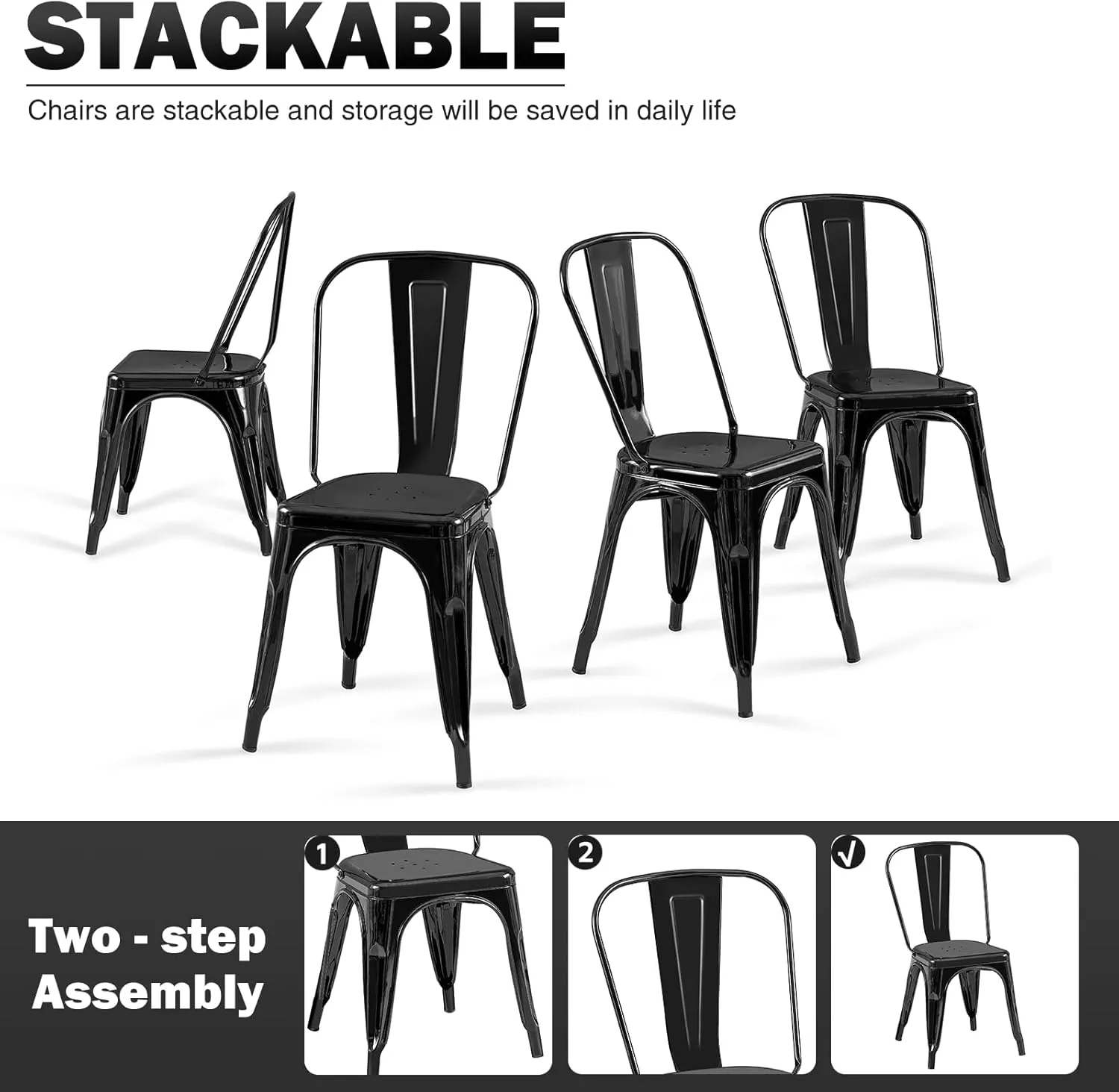 Metal Dining Chairs Set of 4 Stackable Tolix Style Indoor Outdoor Patio Restaurant Kitchen Obsidian Black Color