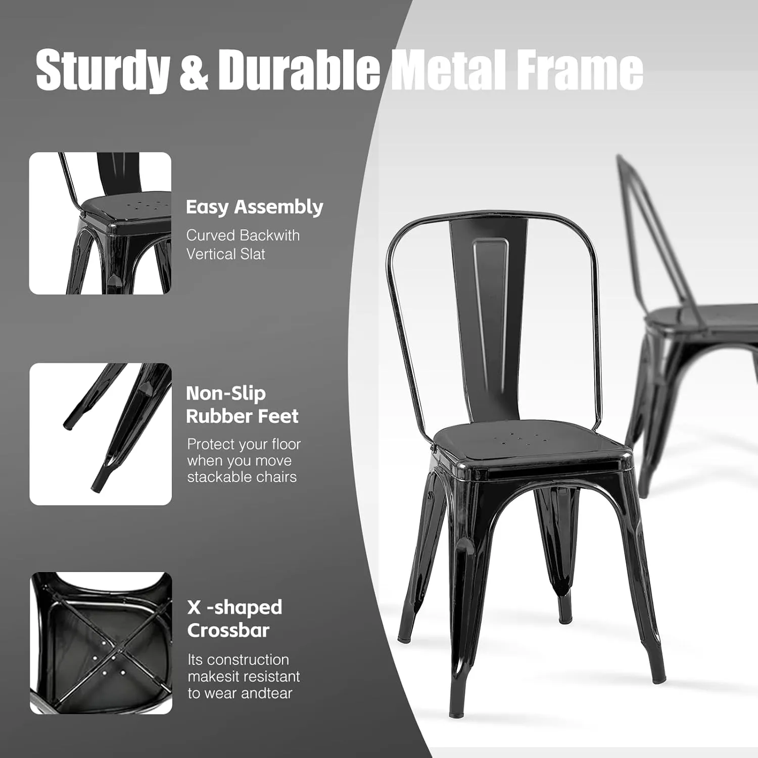 Metal Dining Chairs Set of 4 Stackable Tolix Style Indoor Outdoor Patio Restaurant Kitchen Obsidian Black Color