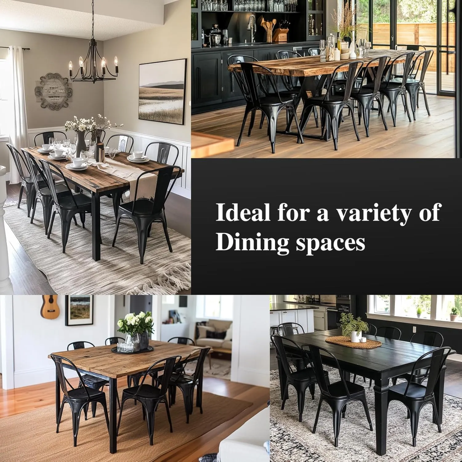 Metal Dining Chairs Set of 4 Stackable Tolix Style Indoor Outdoor Patio Restaurant Kitchen Obsidian Black Color