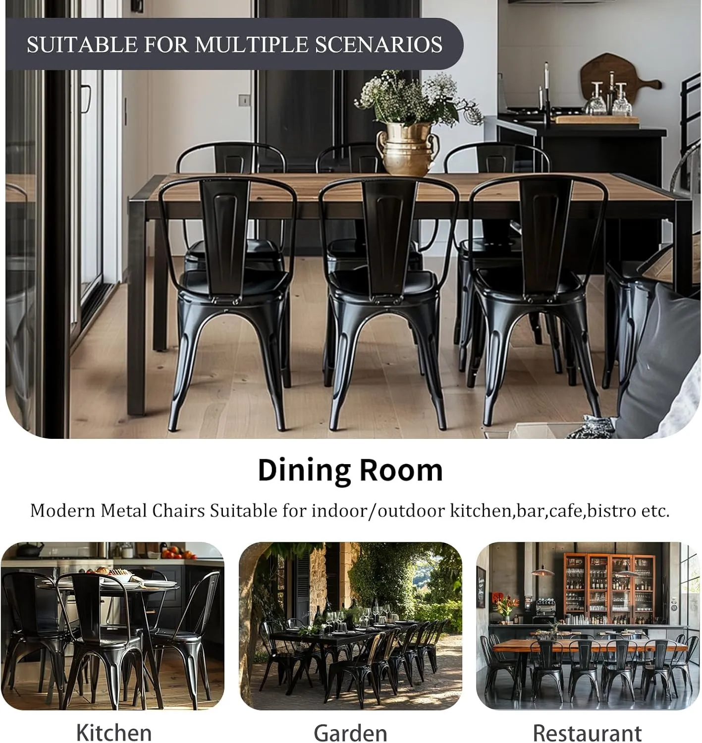 Metal Dining Chairs Set of 4 Stackable Tolix Style Indoor Outdoor Patio Restaurant Kitchen Obsidian Black Color
