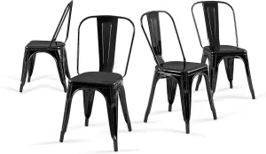 Metal Dining Chairs Set of 4 Stackable Tolix Style Indoor Outdoor Patio Restaurant Kitchen Obsidian Black Color
