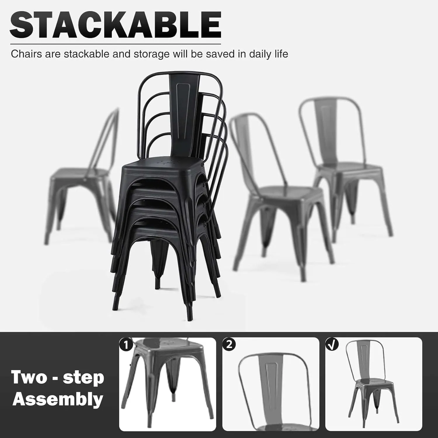 Metal Kitchen Chairs Set of 2 Industrial Stackable Metal Tolix Chairs,for Kitchen Dining Rooms Cafes Restaurant Outdoor Deepspace Grey Color