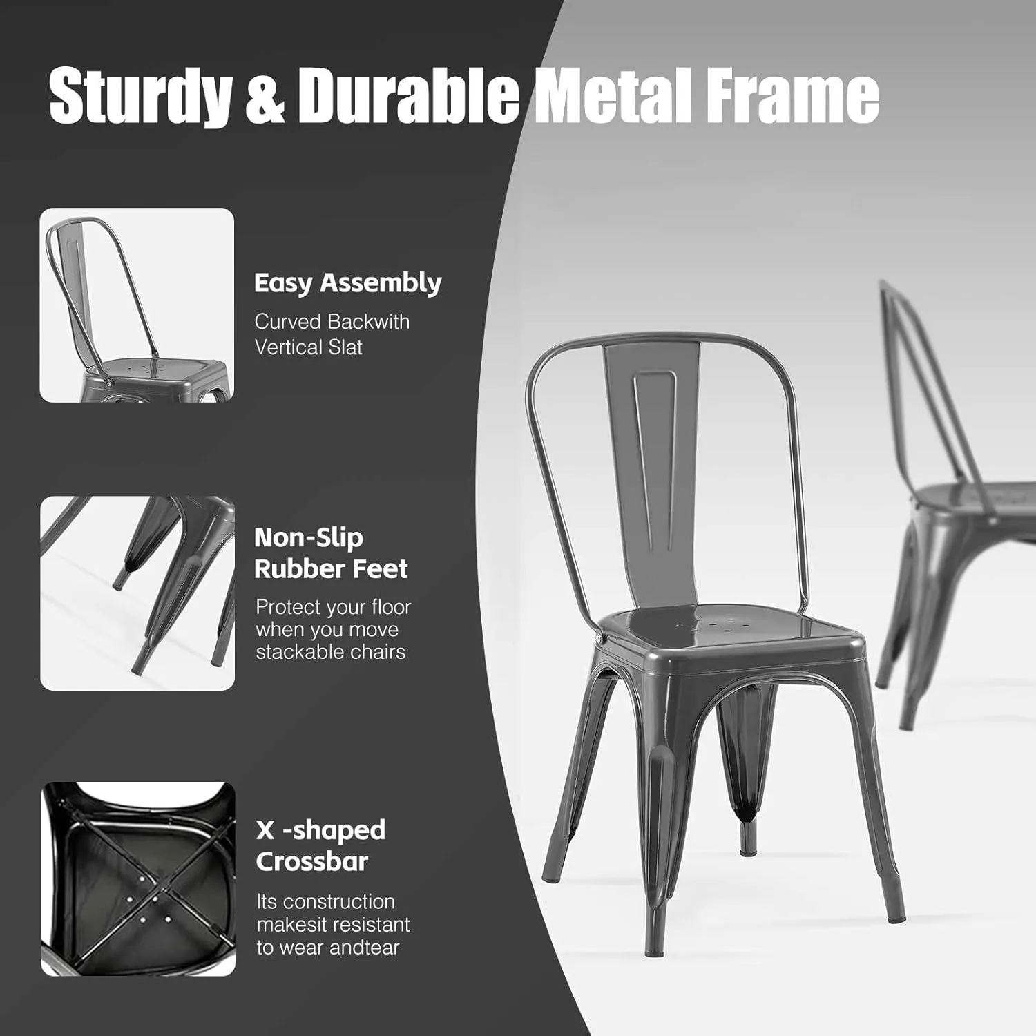 Metal Kitchen Chairs Set of 2 Industrial Stackable Metal Tolix Chairs,for Kitchen Dining Rooms Cafes Restaurant Outdoor Deepspace Grey Color