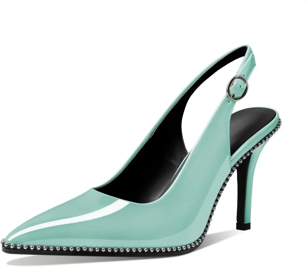 Mettesally Women's Beaded Slingback Pumps Stilettos Heels Closed Pointed Toe Fashion Dress Shoes 3.5 Inches