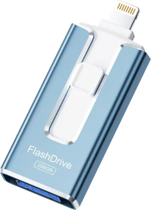 MFi Certified 256GB Flash Drive for iPhone iPad, Photo Stick for External Memory Storage, Easily Back Up and Save Photos, USB Memory Stick Thumb Drive for iPhone/iPad/Android/PC (Blue, 256GB)