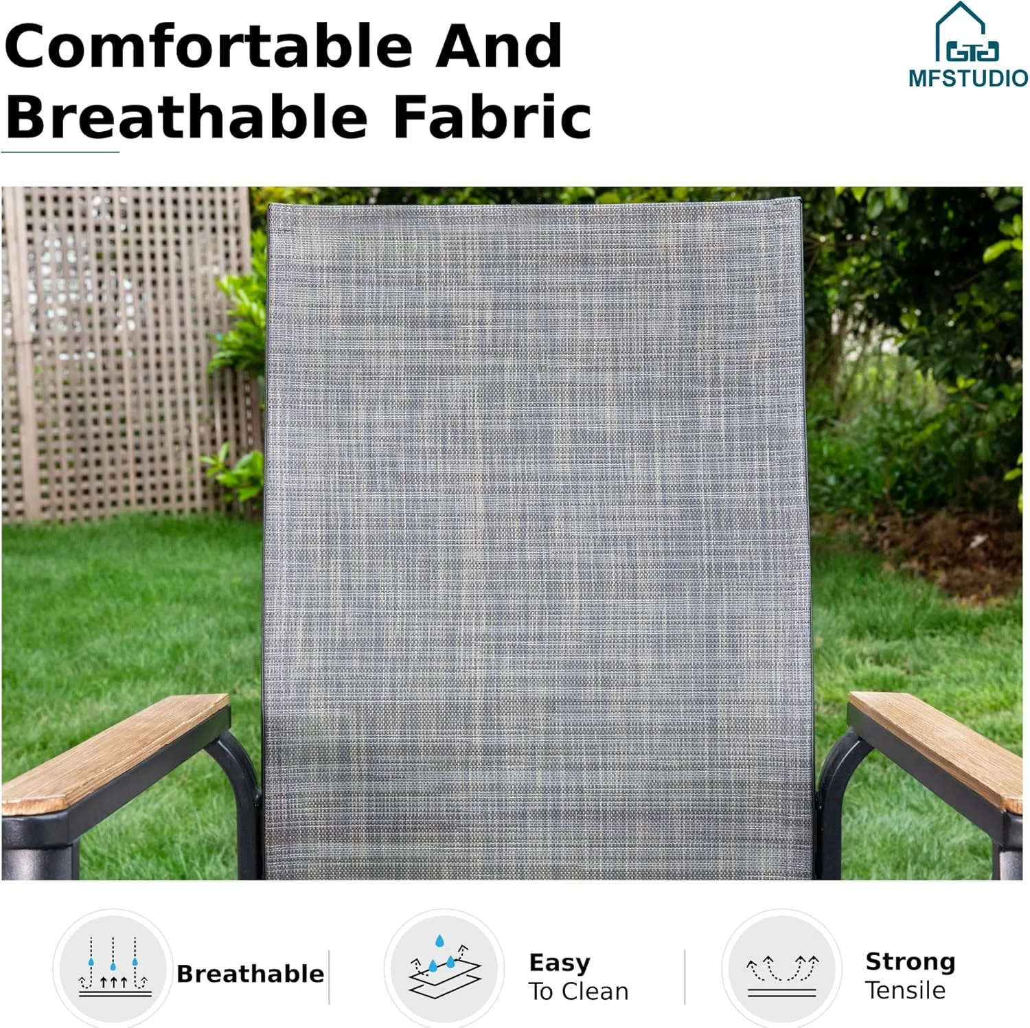 MFSTUDIO Outdoor Patio Dining Chairs, 2 PCS Aluminum Patio Dining Sling Chair, Patio Chairs with Wood-Like Armrest & Wider Seat for Deck Backyard Garden, Grey
