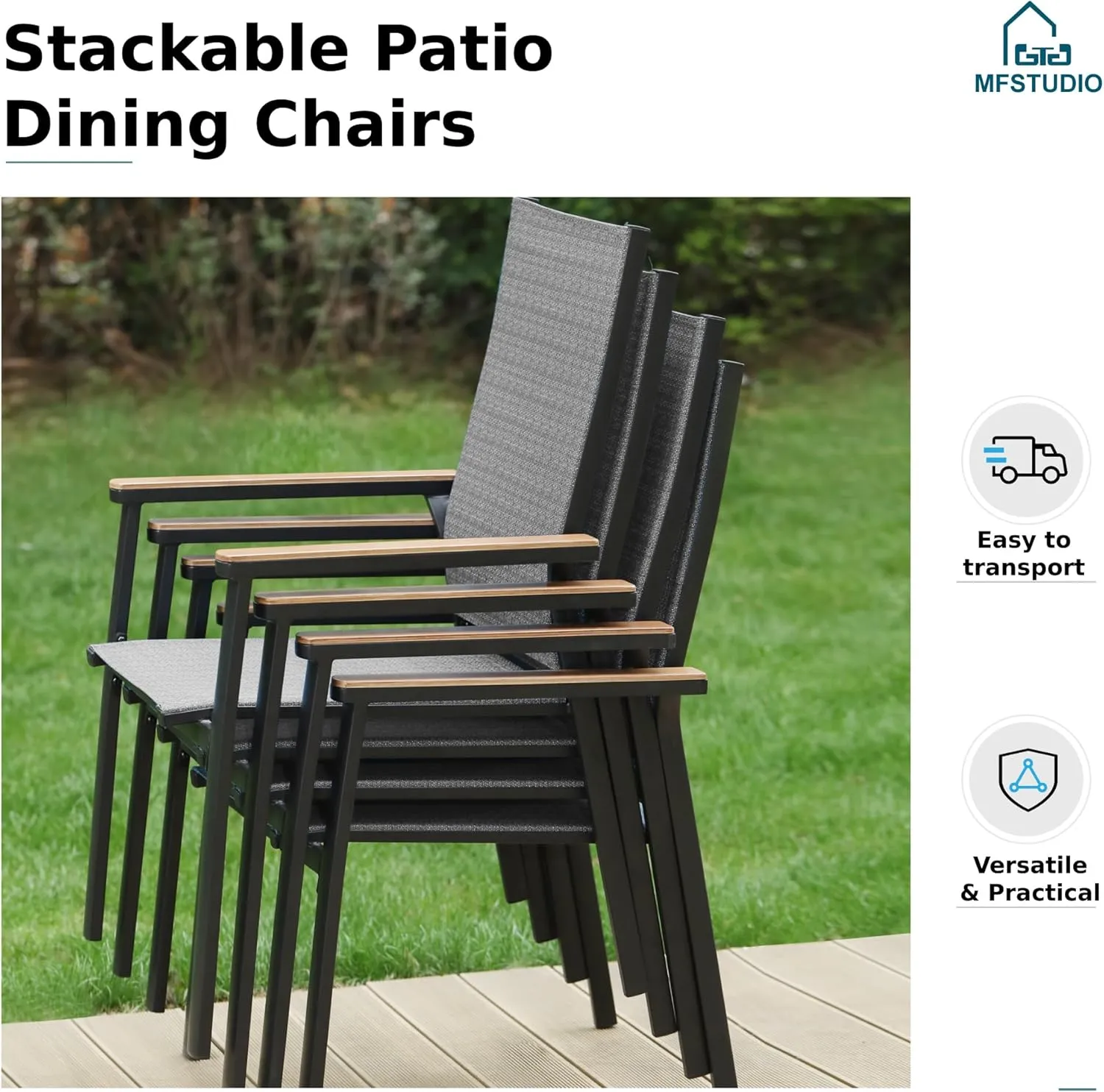MFSTUDIO Outdoor Patio Dining Chairs, 2 PCS Aluminum Patio Dining Sling Chair, Patio Chairs with Wood-Like Armrest & Wider Seat for Deck Backyard Garden, Grey