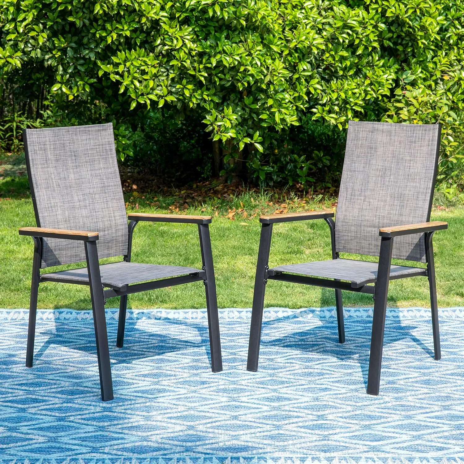 MFSTUDIO Outdoor Patio Dining Chairs, 2 PCS Aluminum Patio Dining Sling Chair, Patio Chairs with Wood-Like Armrest & Wider Seat for Deck Backyard Garden, Grey