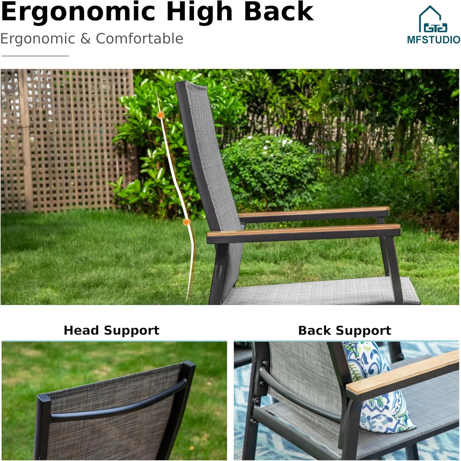 MFSTUDIO Outdoor Patio Dining Chairs, 2 PCS Aluminum Patio Dining Sling Chair, Patio Chairs with Wood-Like Armrest & Wider Seat for Deck Backyard Garden, Grey