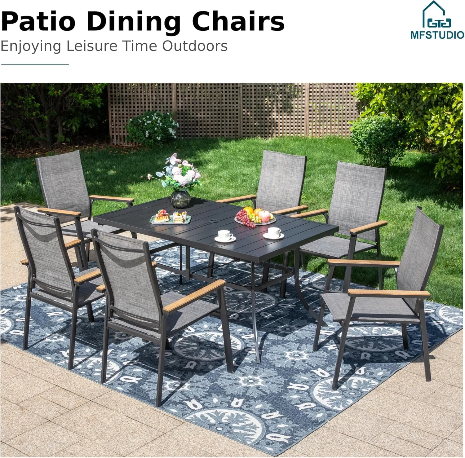 MFSTUDIO Outdoor Patio Dining Chairs, 2 PCS Aluminum Patio Dining Sling Chair, Patio Chairs with Wood-Like Armrest & Wider Seat for Deck Backyard Garden, Grey