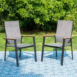 MFSTUDIO Outdoor Patio Dining Chairs, 2 PCS Aluminum Patio Dining Sling Chair, Patio Chairs with Wood-Like Armrest & Wider Seat for Deck Backyard Garden, Grey