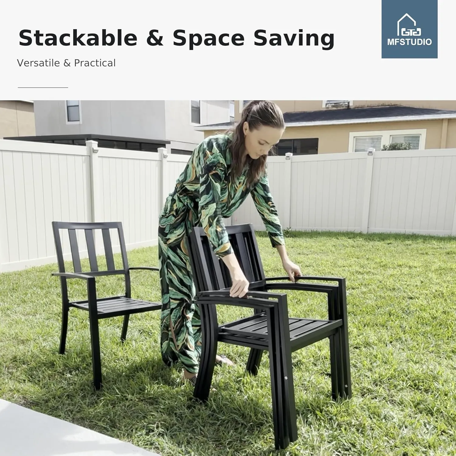 MFSTUDIO Patio Dining Chairs Set of 2, Black Metal Outdoor Chairs Supports 300 LBS, Stackable Deck Chairs for Space-Saving