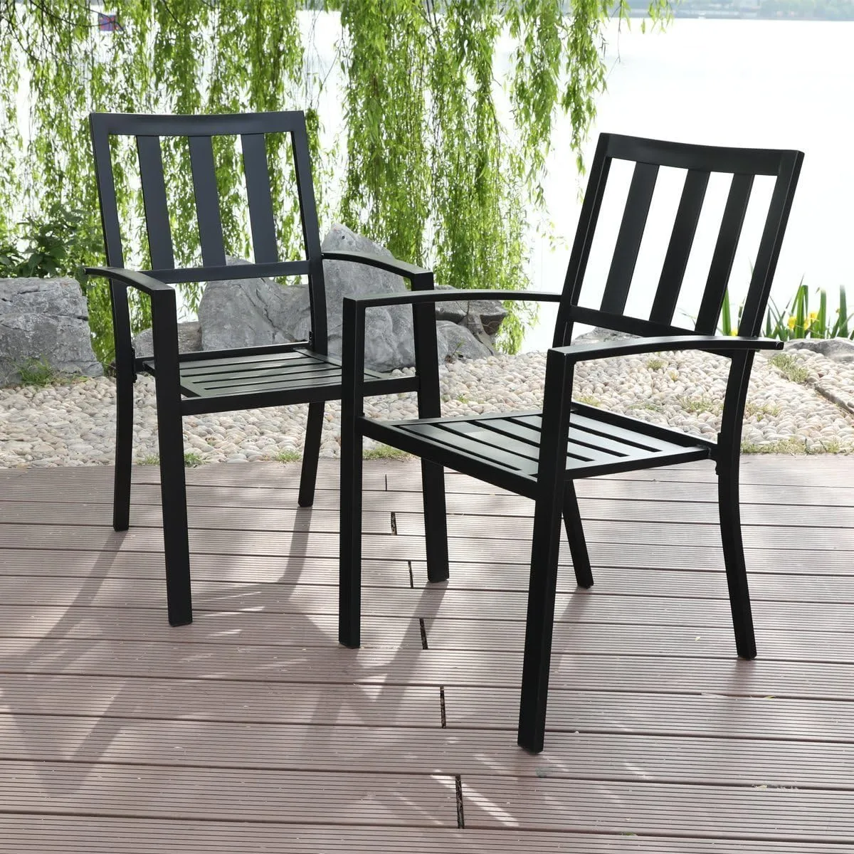MFSTUDIO Patio Dining Chairs Set of 2, Black Metal Outdoor Chairs Supports 300 LBS, Stackable Deck Chairs for Space-Saving