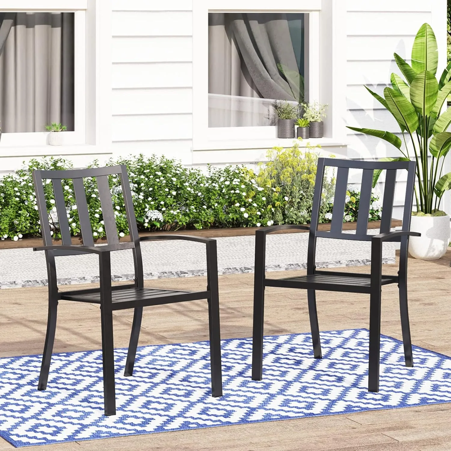 MFSTUDIO Patio Dining Chairs Set of 2, Black Metal Outdoor Chairs Supports 300 LBS, Stackable Deck Chairs for Space-Saving