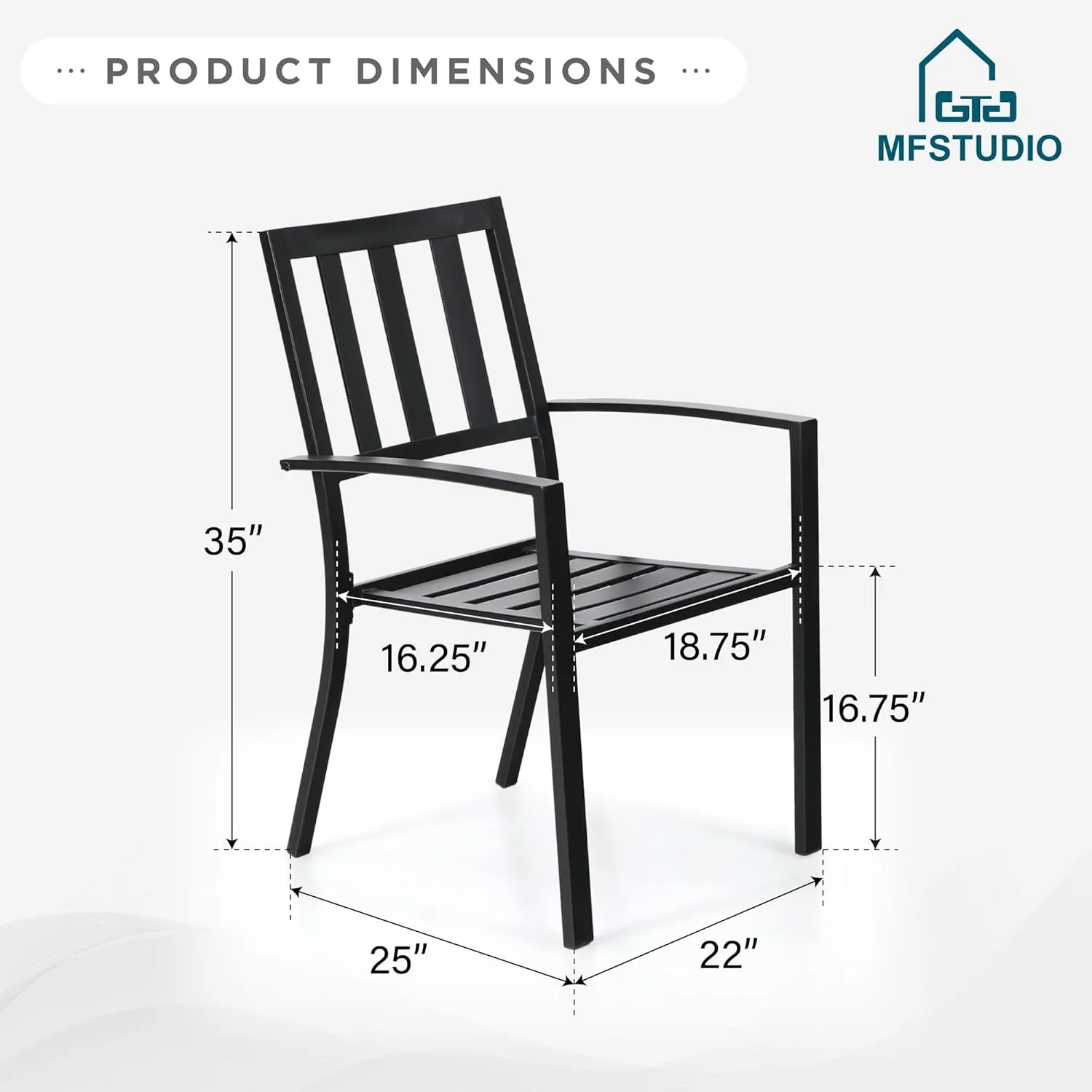 MFSTUDIO Patio Dining Chairs Set of 2, Black Metal Outdoor Chairs Supports 300 LBS, Stackable Deck Chairs for Space-Saving