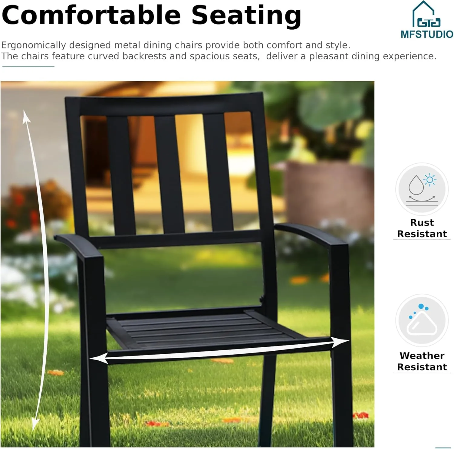 MFSTUDIO Patio Dining Chairs Set of 2, Black Metal Outdoor Chairs Supports 300 LBS, Stackable Deck Chairs for Space-Saving