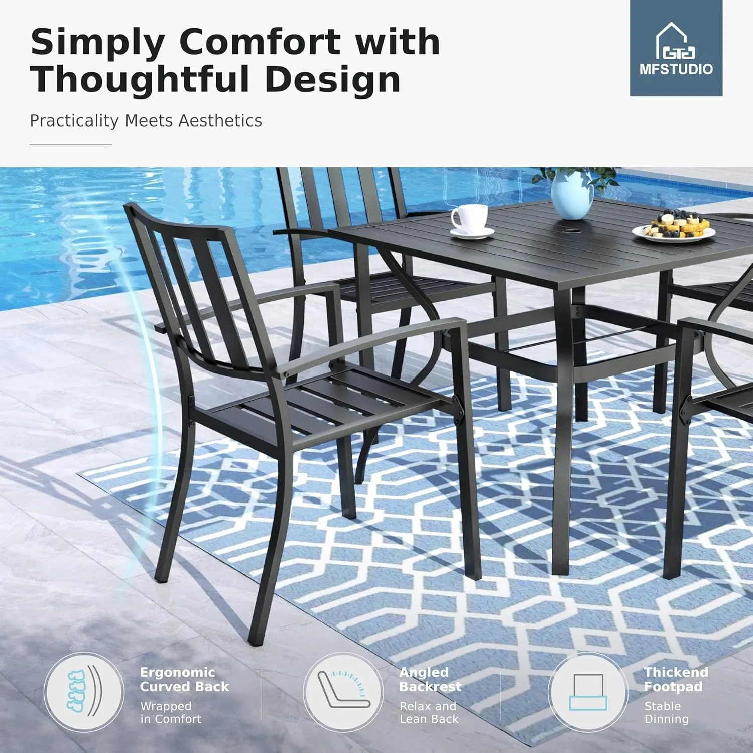 MFSTUDIO Patio Dining Chairs Set of 4, Black Metal Outdoor Furniture Chairs Supports 300 LBS, Space-Saving Stackable Chairs for Deck Backyard Lawn Garden