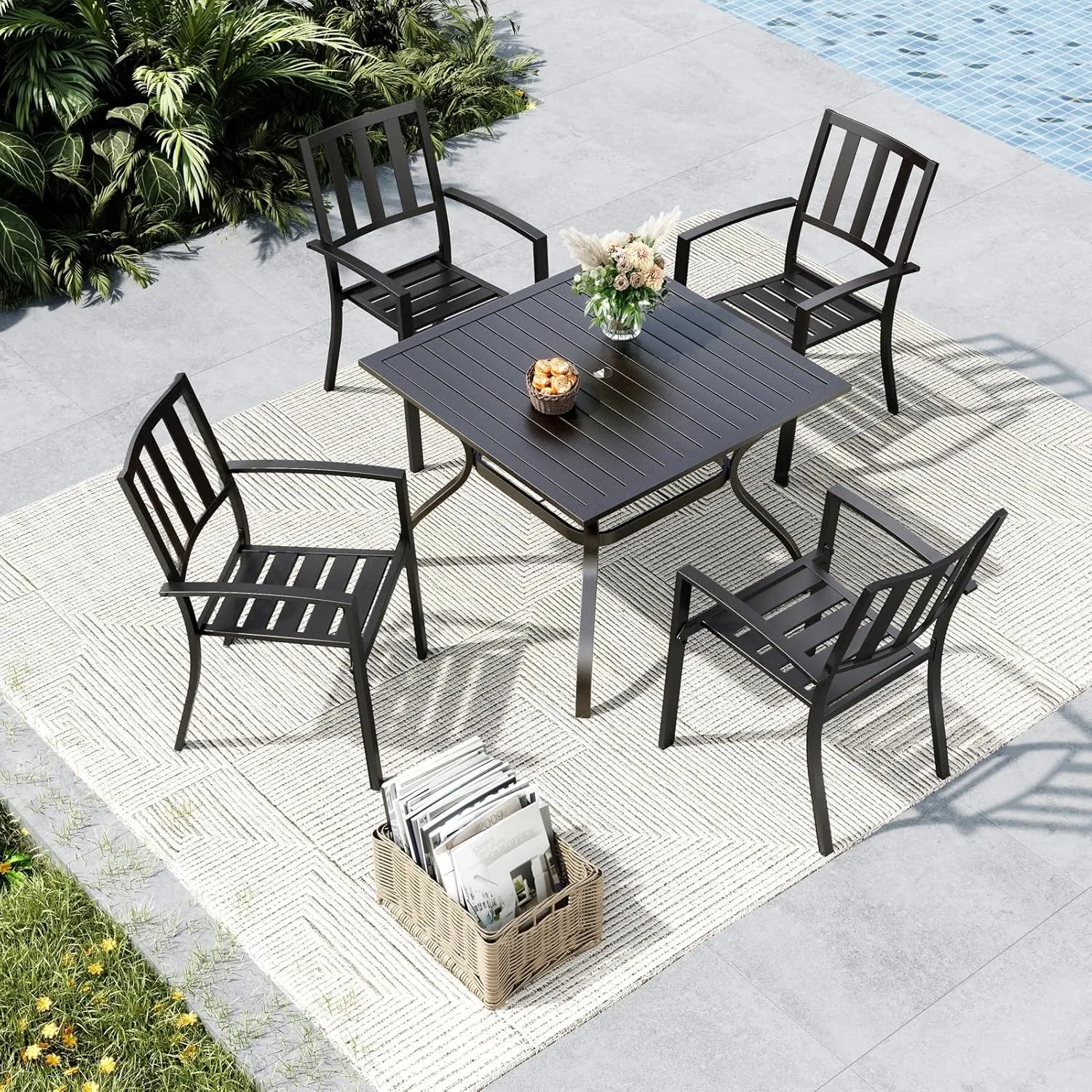 MFSTUDIO Patio Dining Chairs Set of 4, Black Metal Outdoor Furniture Chairs Supports 300 LBS, Space-Saving Stackable Chairs for Deck Backyard Lawn Garden