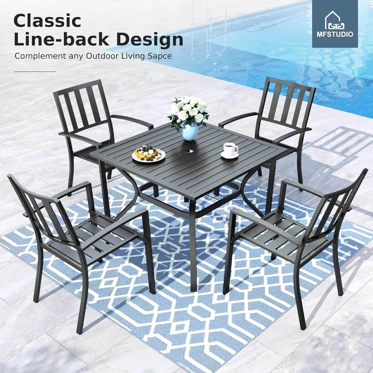MFSTUDIO Patio Dining Chairs Set of 4, Black Metal Outdoor Furniture Chairs Supports 300 LBS, Space-Saving Stackable Chairs for Deck Backyard Lawn Garden