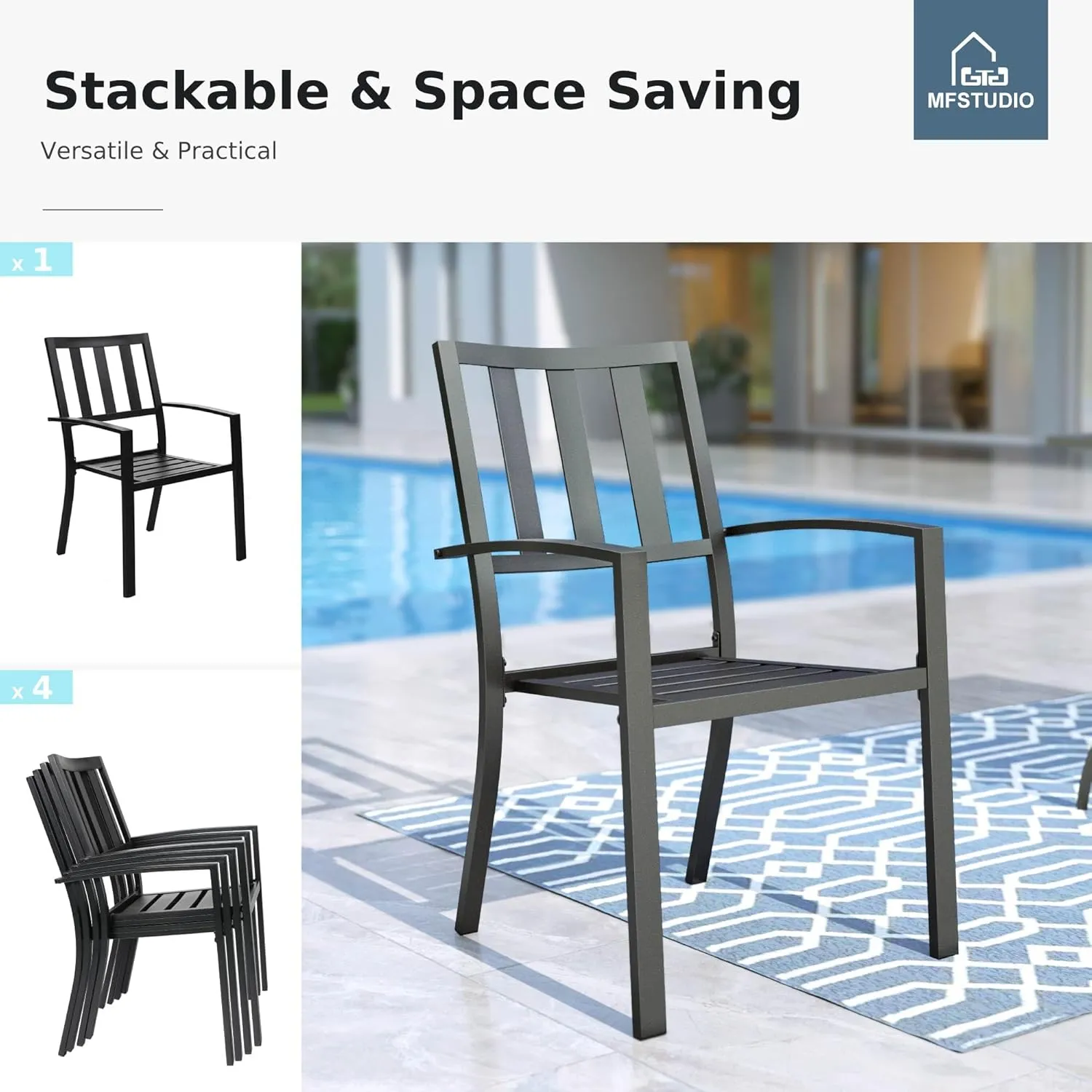 MFSTUDIO Patio Dining Chairs Set of 4, Black Metal Outdoor Furniture Chairs Supports 300 LBS, Space-Saving Stackable Chairs for Deck Backyard Lawn Garden