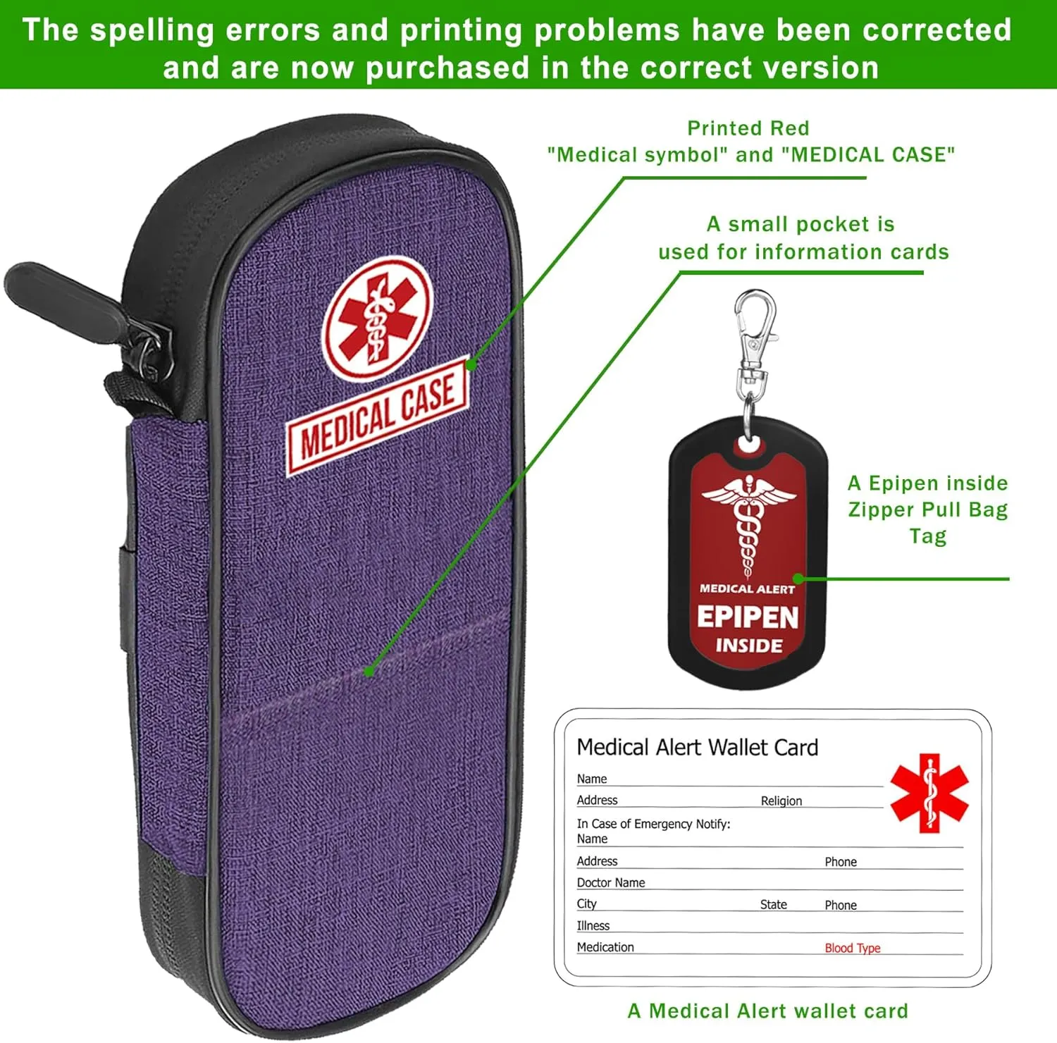 mnmoom Epipen carry case waterproof Insulated Travel Medication Organizer Bag with a Epipen Zipper Pull Bag Tag (Purple)