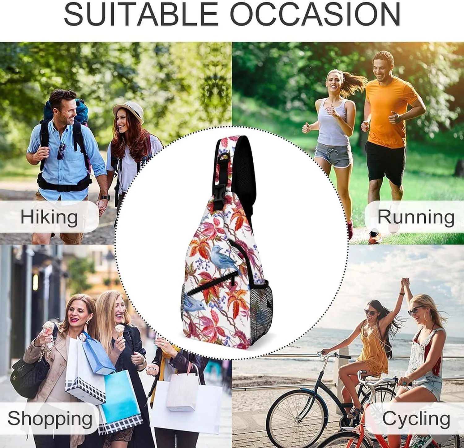 MoBlinko Autumn Blue Birds Sling Bag for Women Maple Leaf Adjustable Crossbody Sling Backpack Chest Bag for Travel