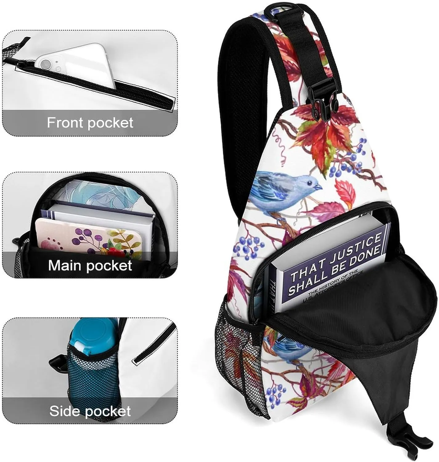 MoBlinko Autumn Blue Birds Sling Bag for Women Maple Leaf Adjustable Crossbody Sling Backpack Chest Bag for Travel