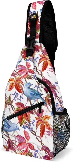 MoBlinko Autumn Blue Birds Sling Bag for Women Maple Leaf Adjustable Crossbody Sling Backpack Chest Bag for Travel
