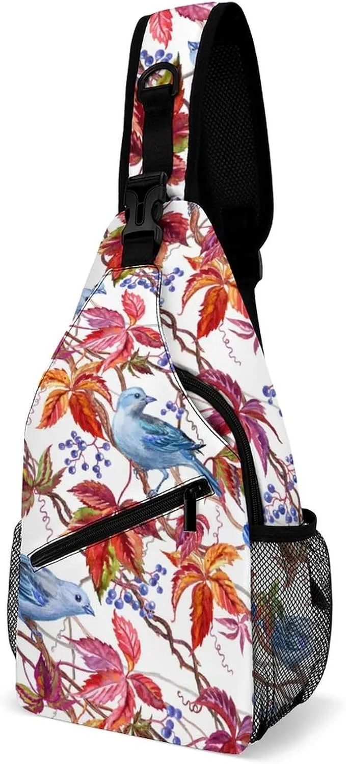 MoBlinko Autumn Blue Birds Sling Bag for Women Maple Leaf Adjustable Crossbody Sling Backpack Chest Bag for Travel