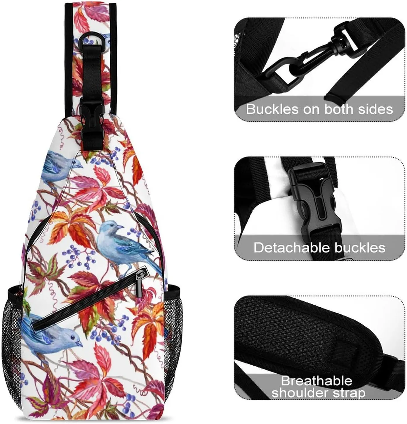 MoBlinko Autumn Blue Birds Sling Bag for Women Maple Leaf Adjustable Crossbody Sling Backpack Chest Bag for Travel