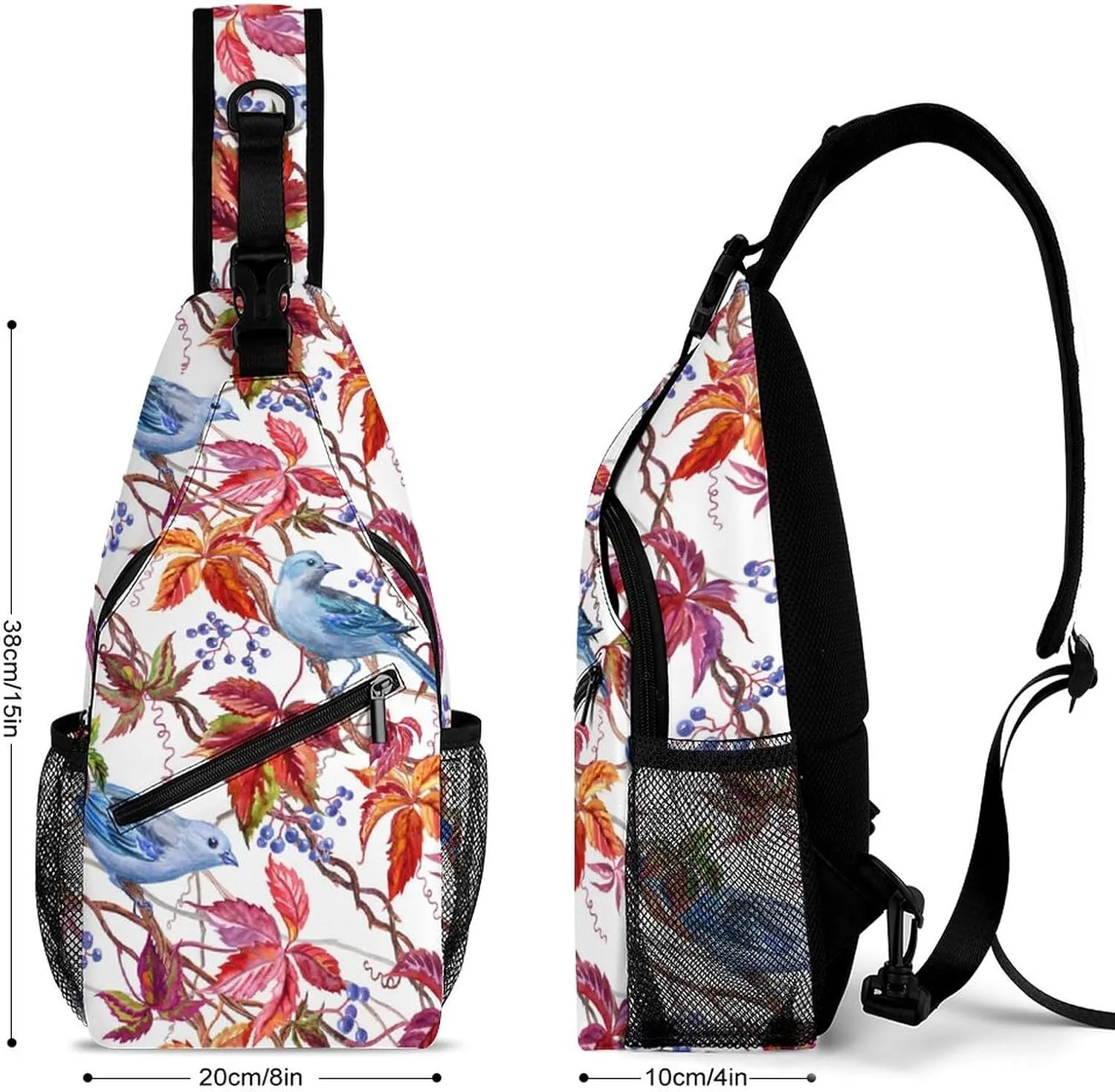 MoBlinko Autumn Blue Birds Sling Bag for Women Maple Leaf Adjustable Crossbody Sling Backpack Chest Bag for Travel