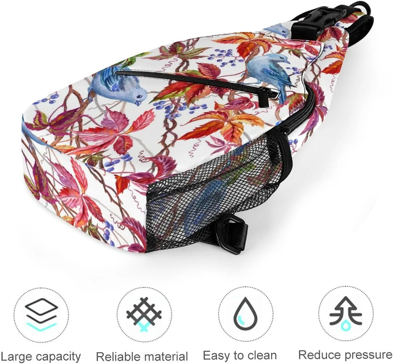 MoBlinko Autumn Blue Birds Sling Bag for Women Maple Leaf Adjustable Crossbody Sling Backpack Chest Bag for Travel