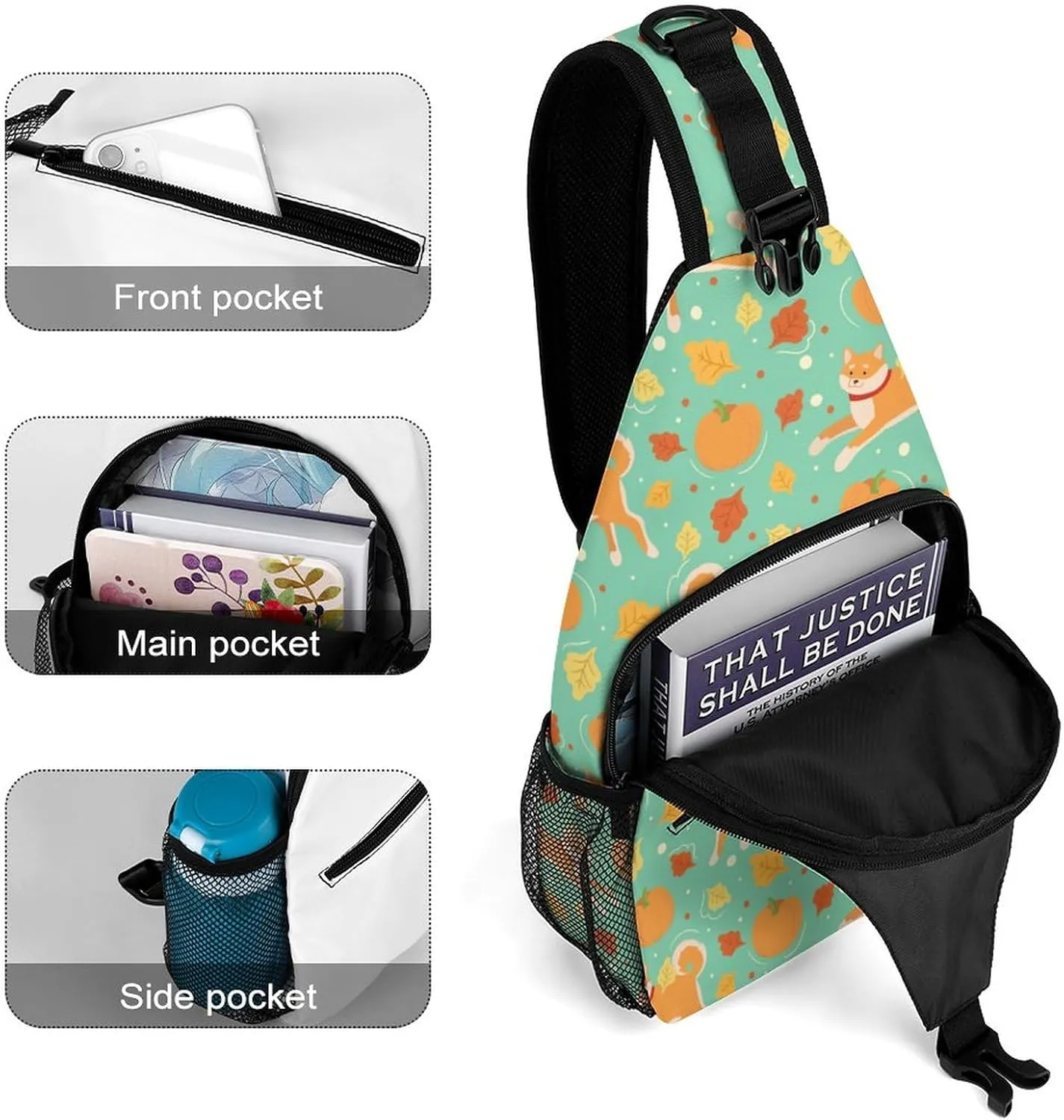 MoBlinko Autumn Cute Dog Pumpkins Sling Bag for Women Shiba Inu Dog Adjustable Crossbody Sling Backpack Chest Bag for Travel