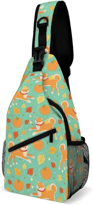 MoBlinko Autumn Cute Dog Pumpkins Sling Bag for Women Shiba Inu Dog Adjustable Crossbody Sling Backpack Chest Bag for Travel
