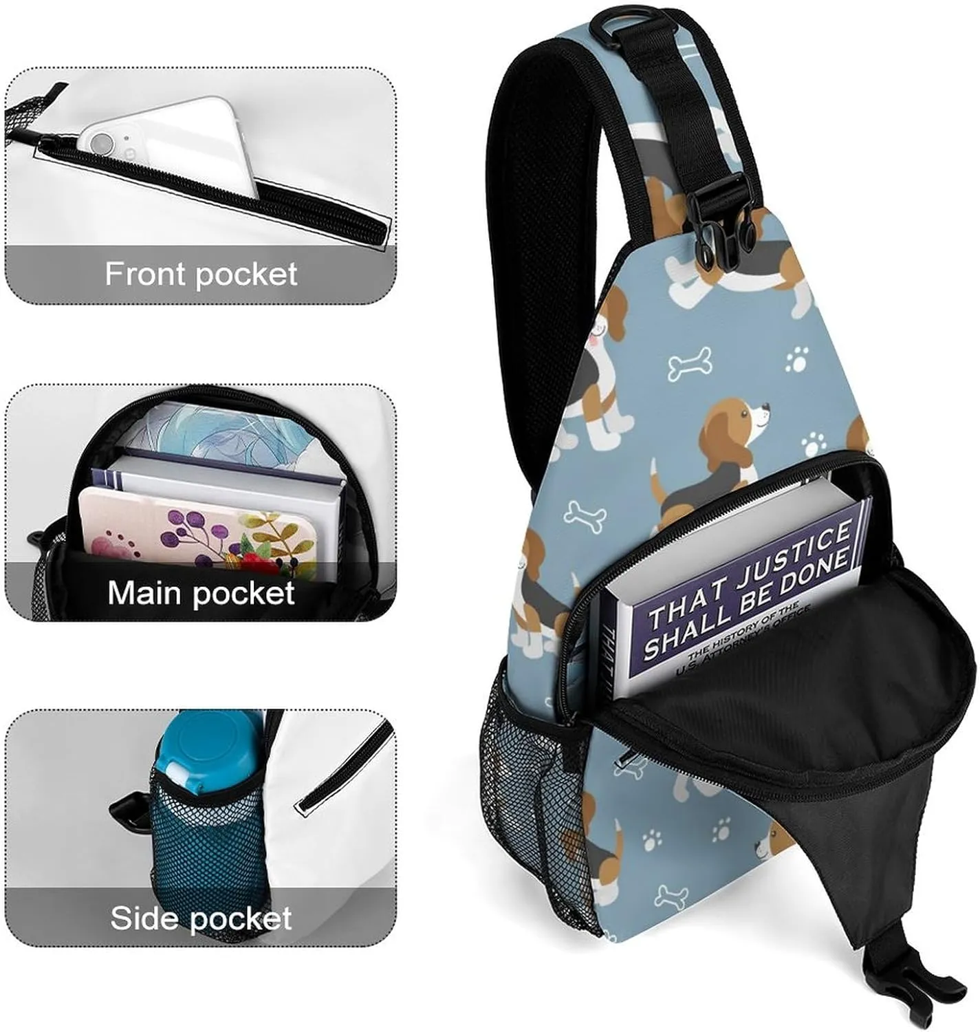 MoBlinko Funny Beagle Dogs Sling Bag for Women Cartoon Puppy Adjustable Crossbody Sling Backpack Chest Bag for Travel