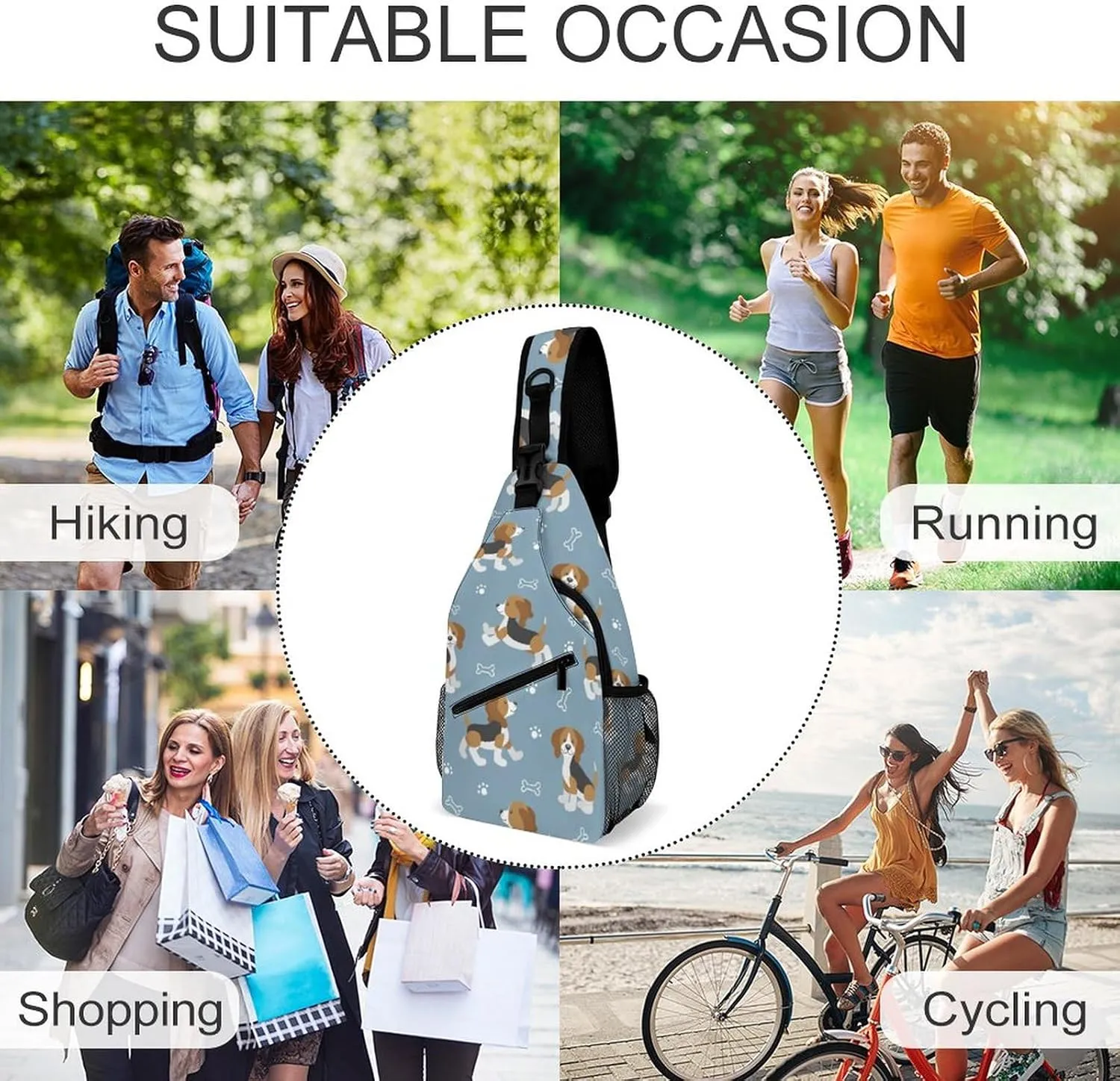 MoBlinko Funny Beagle Dogs Sling Bag for Women Cartoon Puppy Adjustable Crossbody Sling Backpack Chest Bag for Travel
