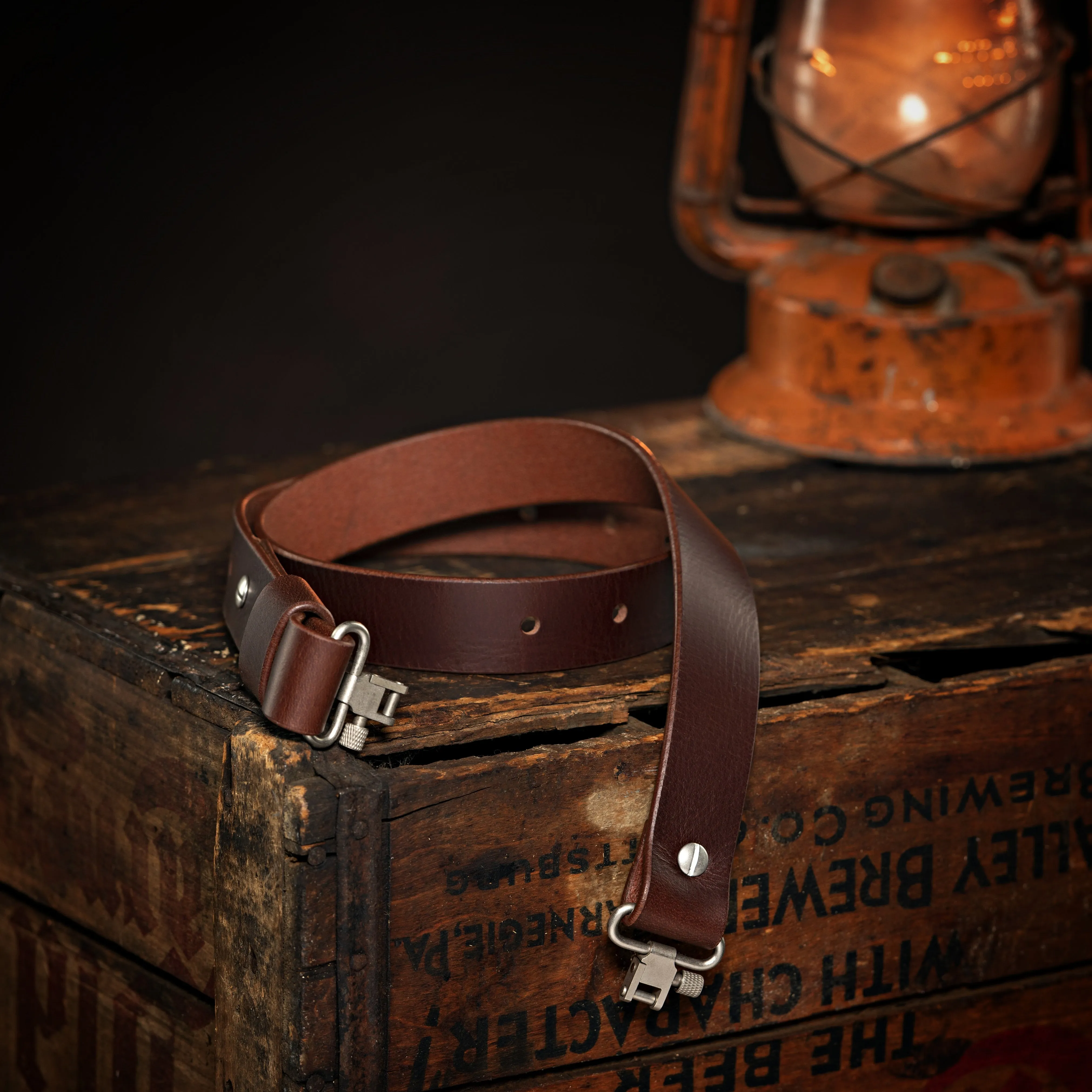Model G-Traditional Adjustable Sling. Brown Leather. Silver Color Hardware. Stainless Steel Swivels.