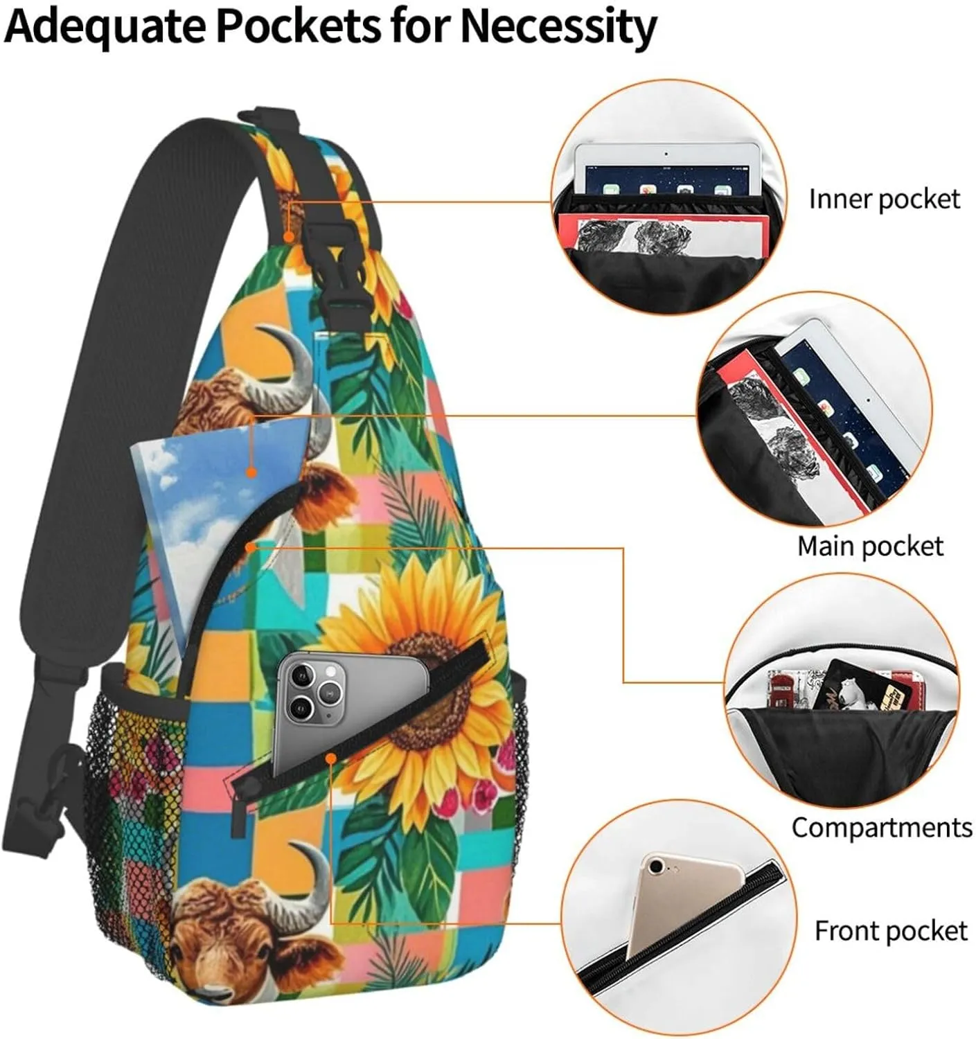 Modern Black Buffalo Sunflower Crossbody Bags Cross Chest Bag Adjustable Sling Backpack for Women Men