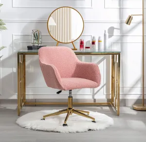 Modern Faux Fur Home Office Chair, Upholstered Fluffy Chair Makeup Vanity Chair for Teen Girls Swivel Desk Chair with Gold Base, Height Adjustable Leisure Elegant Office Chair, Pink