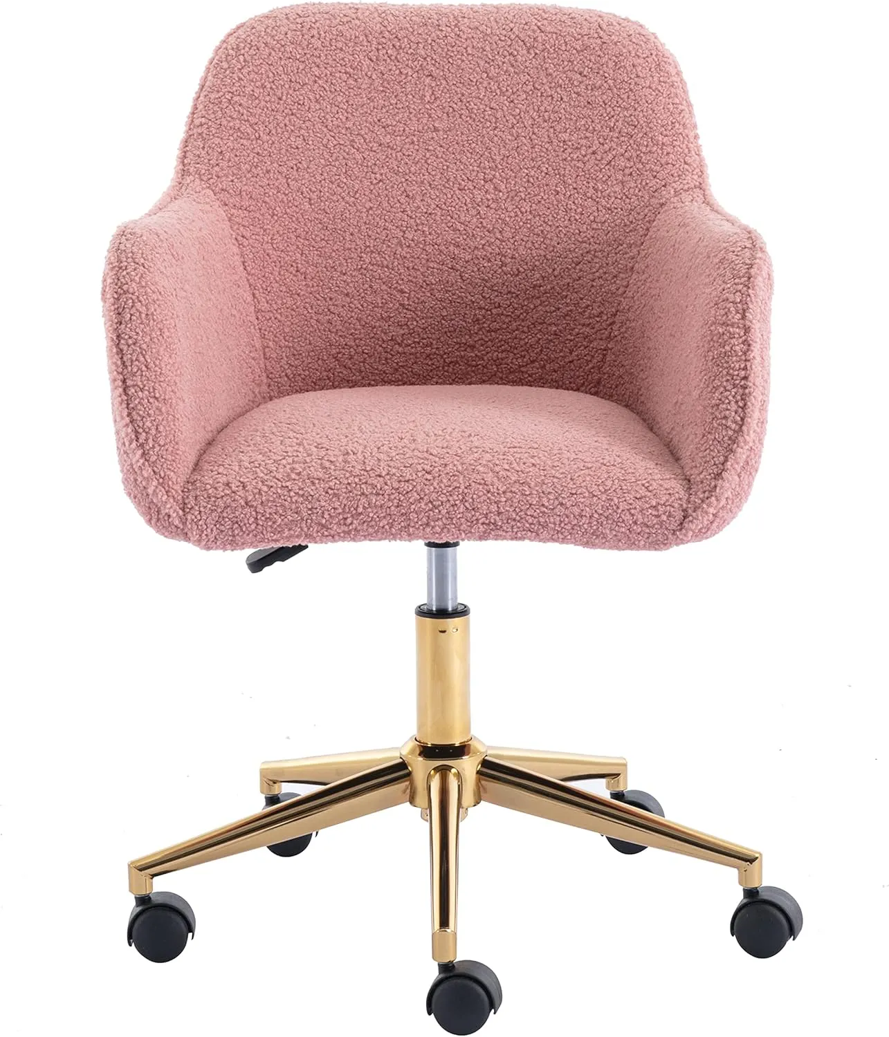 Modern Faux Fur Home Office Chair, Upholstered Fluffy Chair Makeup Vanity Chair for Teen Girls Swivel Desk Chair with Gold Base, Height Adjustable Leisure Elegant Office Chair, Pink