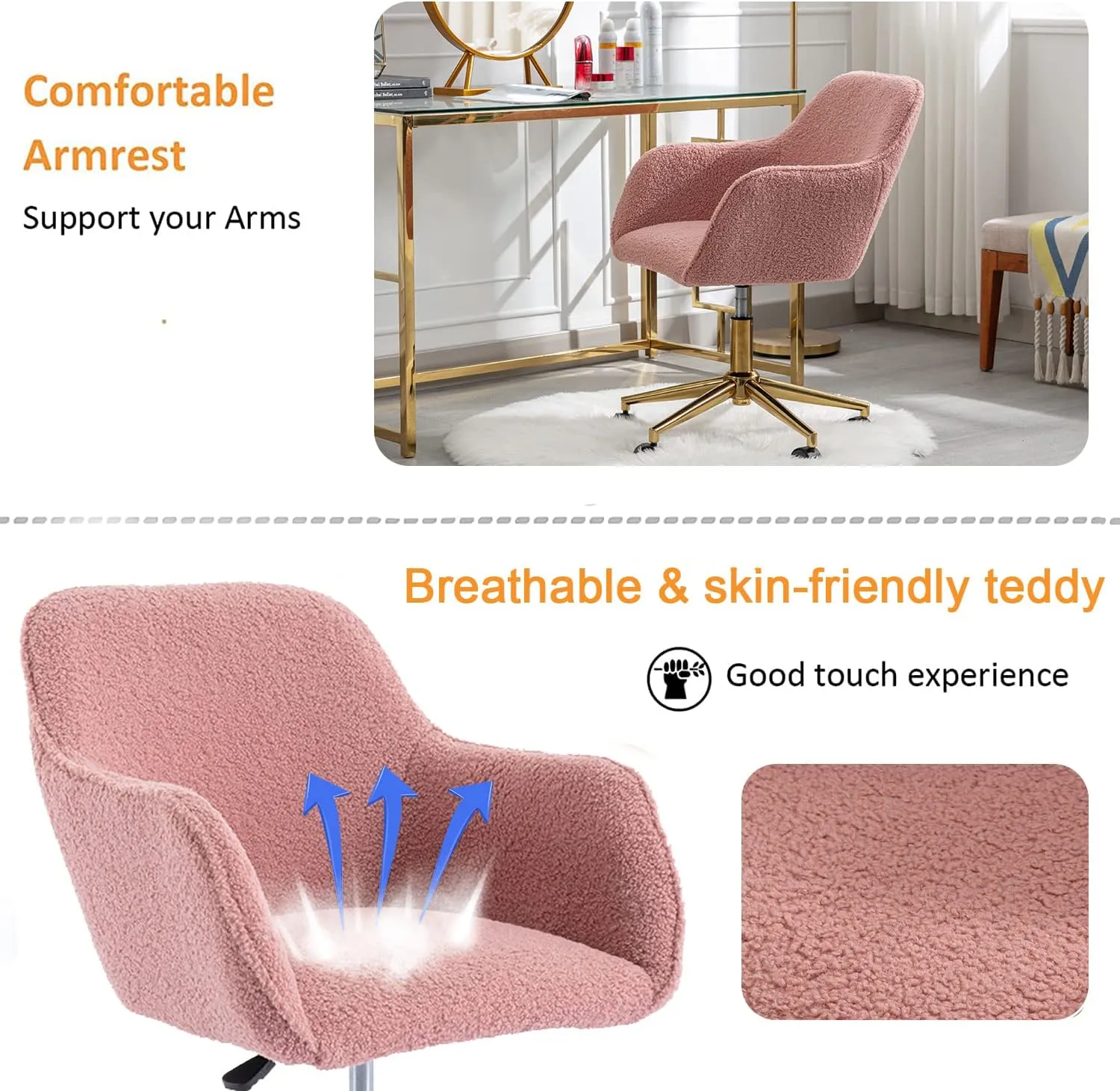 Modern Faux Fur Home Office Chair, Upholstered Fluffy Chair Makeup Vanity Chair for Teen Girls Swivel Desk Chair with Gold Base, Height Adjustable Leisure Elegant Office Chair, Pink