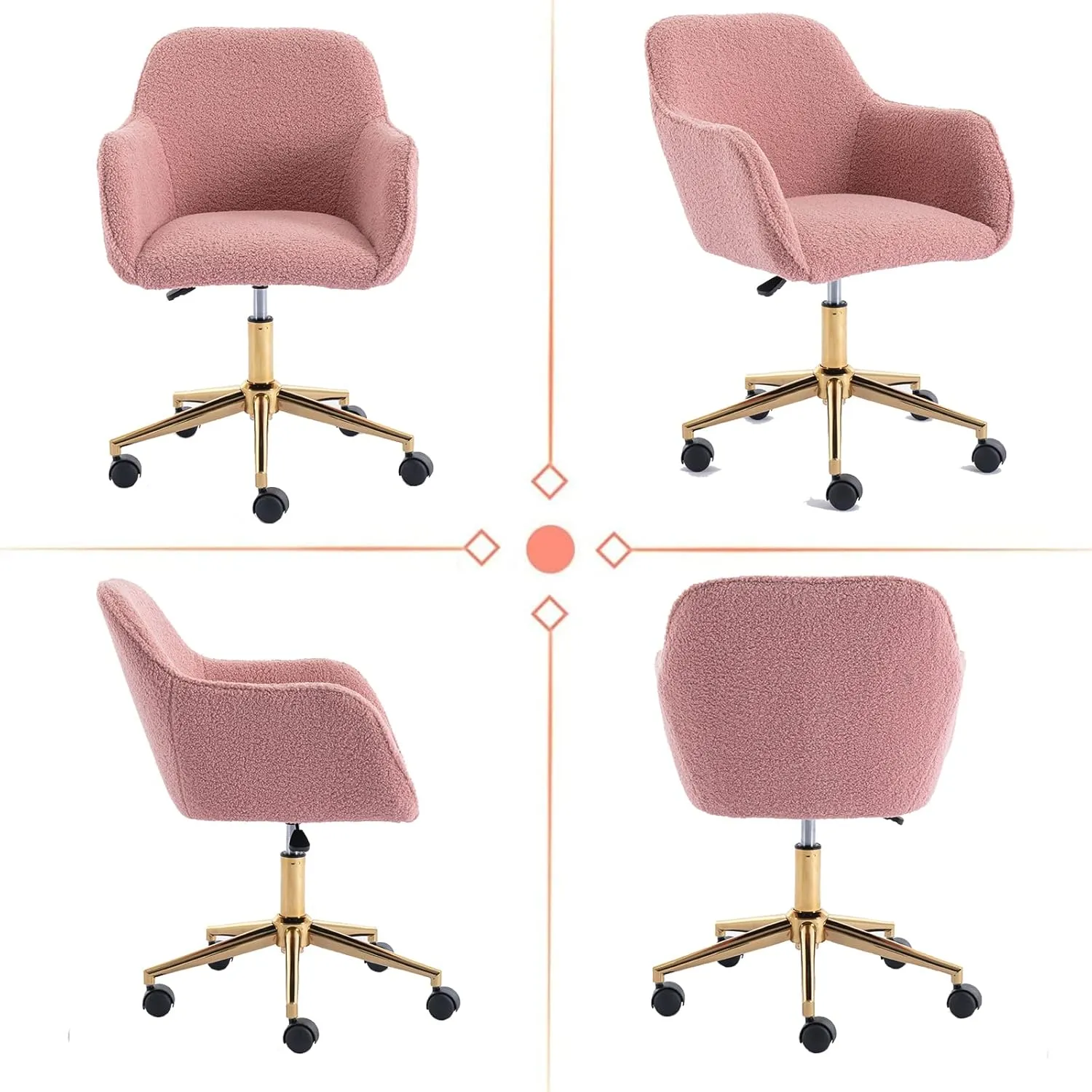 Modern Faux Fur Home Office Chair, Upholstered Fluffy Chair Makeup Vanity Chair for Teen Girls Swivel Desk Chair with Gold Base, Height Adjustable Leisure Elegant Office Chair, Pink