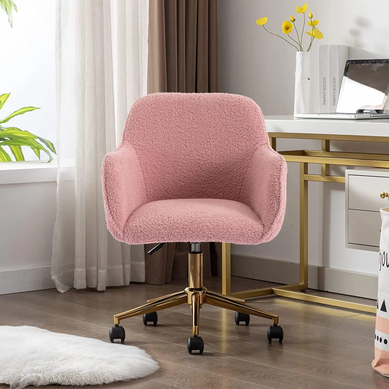 Modern Faux Fur Home Office Chair, Upholstered Fluffy Chair Makeup Vanity Chair for Teen Girls Swivel Desk Chair with Gold Base, Height Adjustable Leisure Elegant Office Chair, Pink