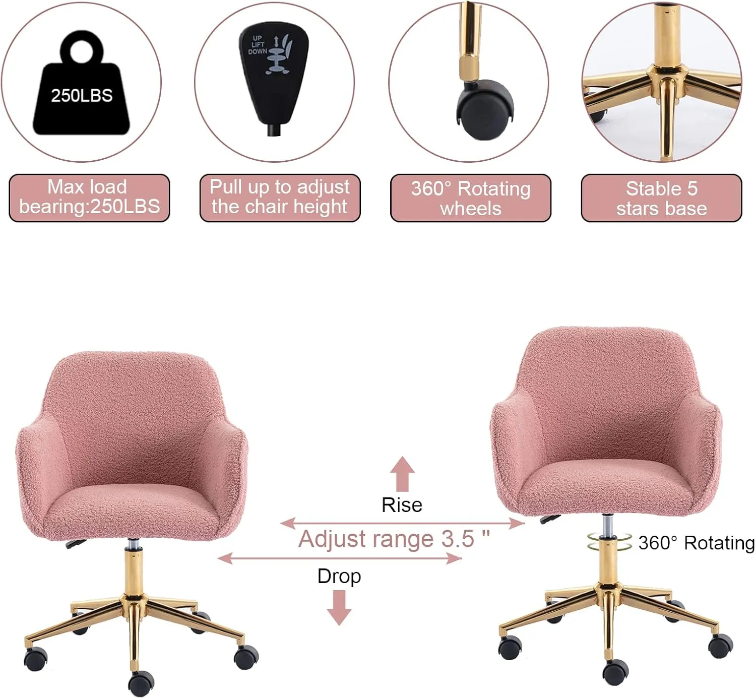 Modern Faux Fur Home Office Chair, Upholstered Fluffy Chair Makeup Vanity Chair for Teen Girls Swivel Desk Chair with Gold Base, Height Adjustable Leisure Elegant Office Chair, Pink