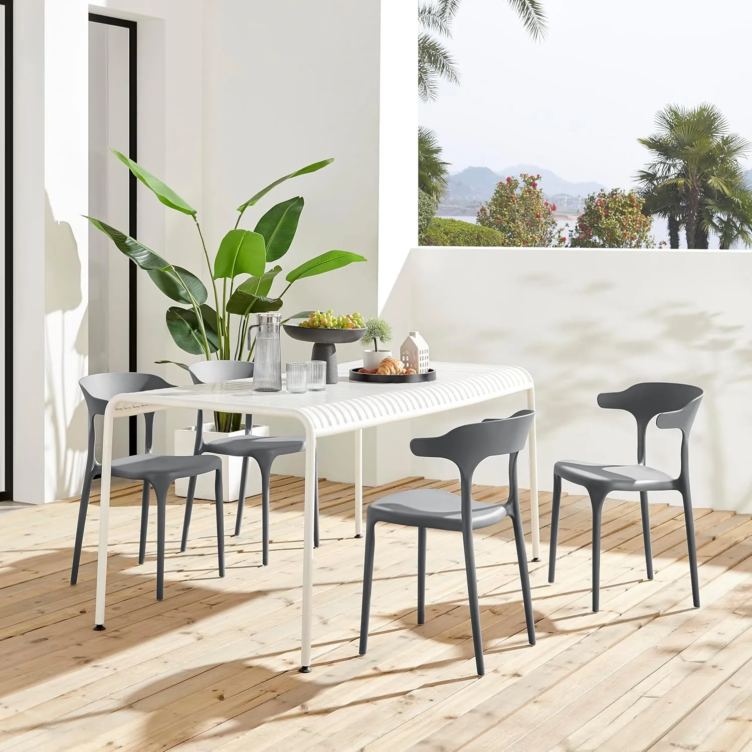 Modern Stackable Dining Chair Set, No Assembly, Plastic Chair, Patio Chair, Suitable for Indoor and Outdoor Cafes and Restaurants, Set of 4 (Charcoal Gray)